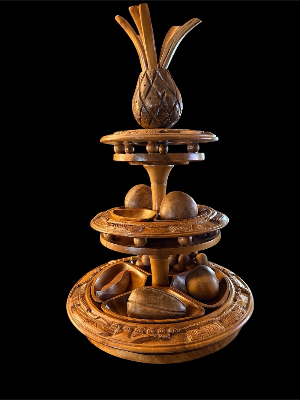Vintage MCM 3-Tier Hand-Carved Monkey Pod Wood Pineapple Lazy Susan serving tray
